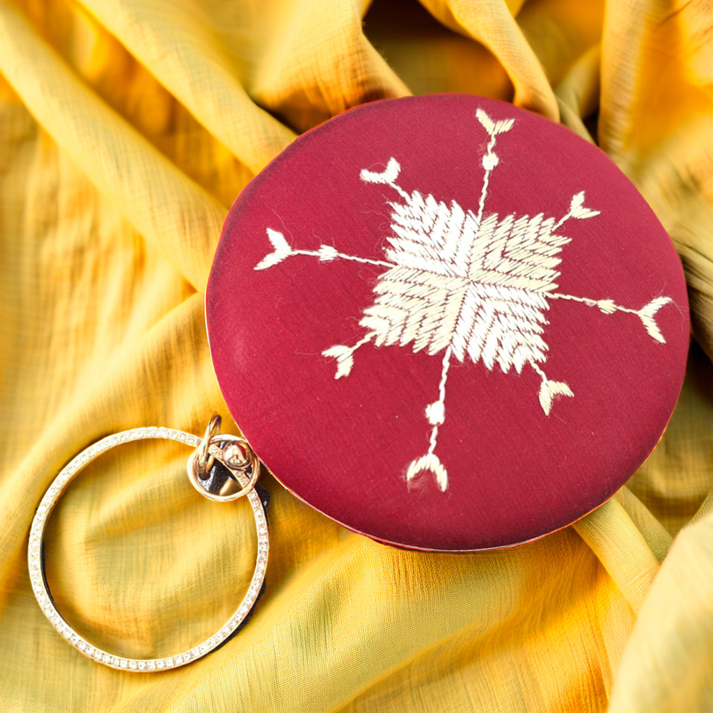 Hand Work Phulkari Clutch - Royal Maroon - Round
