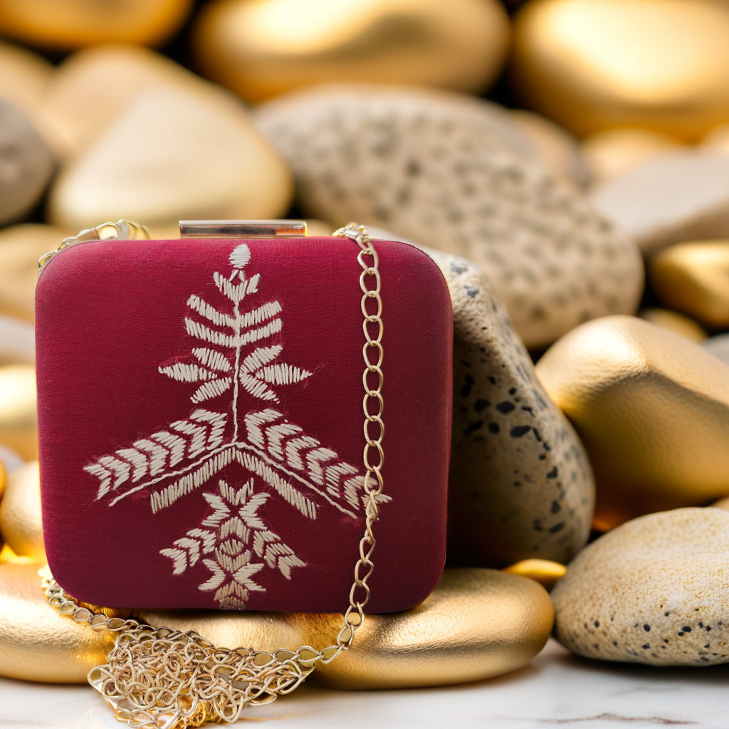 Pure Silk Hand Embroidered Phulkari Clutch - royal maroon + Artisanal + Punjab + Tradition + Women + MakeInIndia + Handicraft +  trend + festival wear + comfort wear + smart wear + trendy wear + indian ethnic + cultural wear + rakhi + diwali + ganesh cahturthi + friends wear + date wear + casual wear + indian wear + western wear + trendy attire + fashion + stylish + dinner + clutch + handbag + sling bag + classy + marriage essentials + bride wear + punjab + panjab + handwork + vibrant + signature