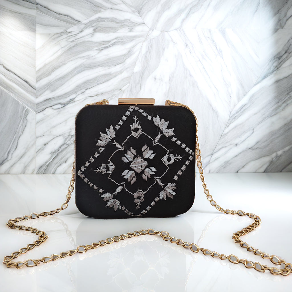 Pure Silk Hand Embroidered Phulkari Clutch - black silver grey+ Artisanal + Punjab + Tradition + Women + MakeInIndia + Handicraft +  trend + festival wear + comfort wear + smart wear + trendy wear + indian ethnic + cultural wear + rakhi + diwali + friends wear + date wear + casual wear + indian wear + western wear + trendy attire + fashion + stylish + dinner + clutch + handbag + sling bag + classy + marriage essentials + bride wear + punjab + panjab + handwork + vibrant + signature + trendy + luxury + best
