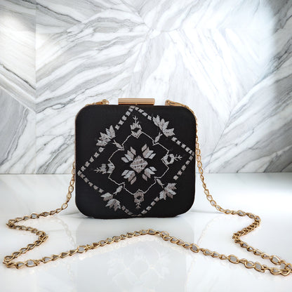 Pure Silk Hand Embroidered Phulkari Clutch - black silver grey+ Artisanal + Punjab + Tradition + Women + MakeInIndia + Handicraft +  trend + festival wear + comfort wear + smart wear + trendy wear + indian ethnic + cultural wear + rakhi + diwali + friends wear + date wear + casual wear + indian wear + western wear + trendy attire + fashion + stylish + dinner + clutch + handbag + sling bag + classy + marriage essentials + bride wear + punjab + panjab + handwork + vibrant + signature + trendy + luxury + best