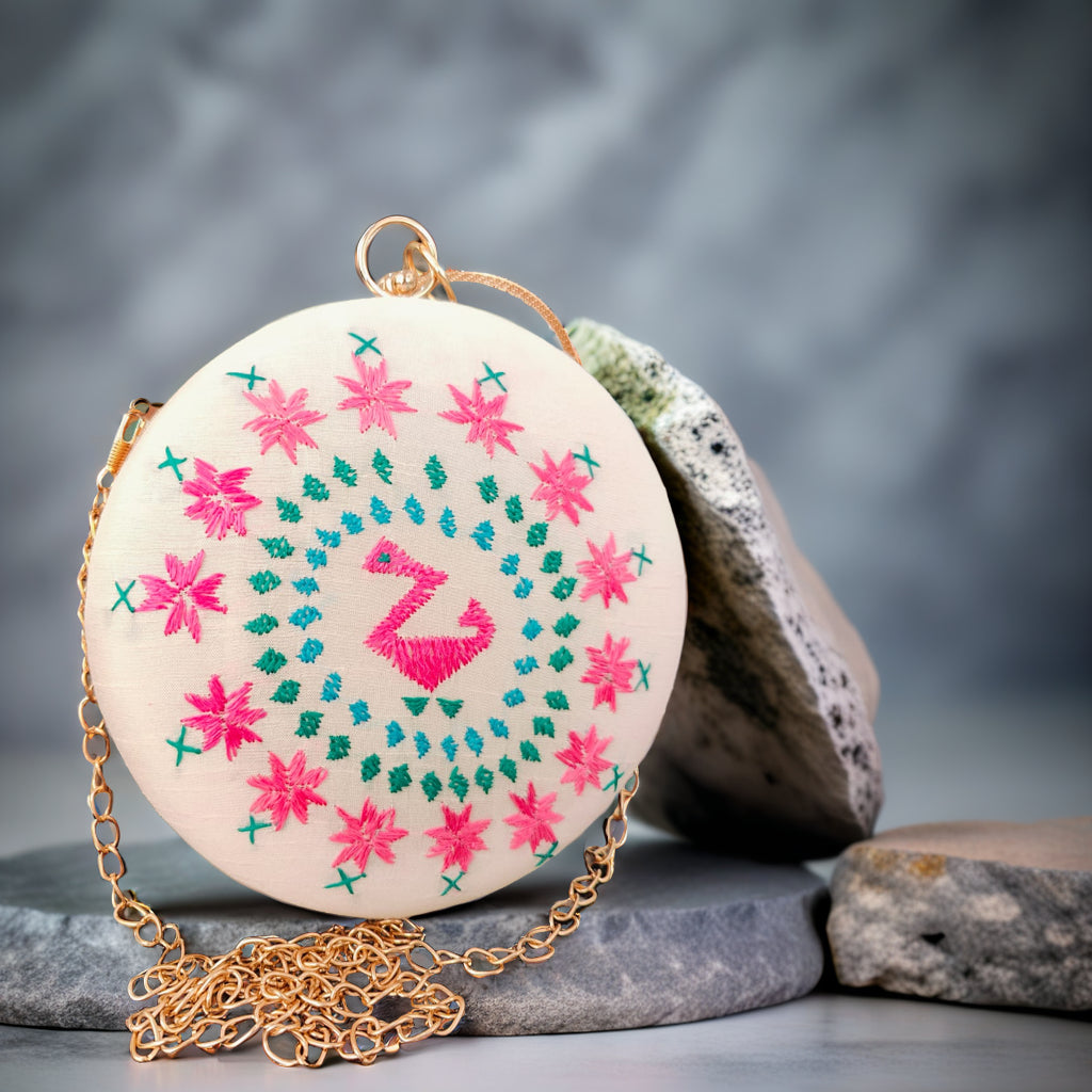 Pure Silk Hand Embroidered Phulkari Clutch -off white + Artisanal + Punjab + Tradition + Women + MakeInIndia + Handicraft +  trend + festival wear + comfort wear + smart wear + trendy wear + indian ethnic + cultural wear + rakhi + diwali + ganesh cahturthi + friends wear + date wear + casual wear + indian wear + western wear + trendy attire + fashion + stylish + dinner + clutch + handbag + sling bag + classy + marriage essentials + bride wear + punjab + panjab + handwork + vibrant + signature
