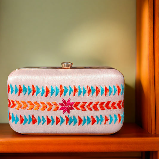 Pure Silk Hand Embroidered Phulkari Clutch - powder pink peach + Artisanal + Punjab + Tradition + Women + MakeInIndia + Handicraft +  trend + festival wear + comfort wear + smart wear + trendy wear + indian ethnic + cultural wear + rakhi + diwali + friends wear + date wear + casual wear + indian wear + western wear + trendy attire + fashion + stylish + dinner + clutch + handbag + sling bag + classy + marriage essentials + bride wear + punjab + panjab + handwork + vibrant + signature + trendy + luxury + best