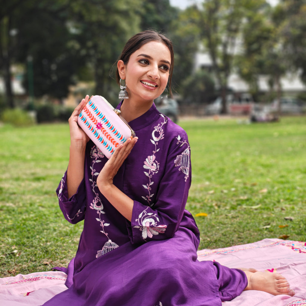 Hand Work Phulkari Clutch - Powder Pink - Rectangle