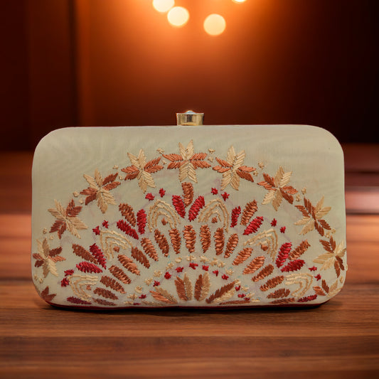 Pure Silk Hand Embroidered Phulkari Clutch - royal fawn + Artisanal + Punjab + Tradition + Women + MakeInIndia + Handicraft +  trend + festival wear + comfort wear + smart wear + trendy wear + indian ethnic + cultural wear + rakhi + diwali + friends wear + date wear + casual wear + indian wear + western wear + trendy attire + fashion + stylish + dinner + clutch + handbag + sling bag + classy + marriage essentials + bride wear + punjab + panjab + handwork + vibrant + signature + trendy + luxury + best