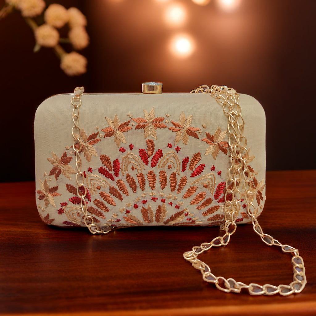 Pure Silk Hand Embroidered Phulkari Clutch - royal fawn + Artisanal + Punjab + Tradition + Women + MakeInIndia + Handicraft +  trend + festival wear + comfort wear + smart wear + trendy wear + indian ethnic + cultural wear + rakhi + diwali + friends wear + date wear + casual wear + indian wear + western wear + trendy attire + fashion + stylish + dinner + clutch + handbag + sling bag + classy + marriage essentials + bride wear + punjab + panjab + handwork + vibrant + signature + trendy + luxury + best