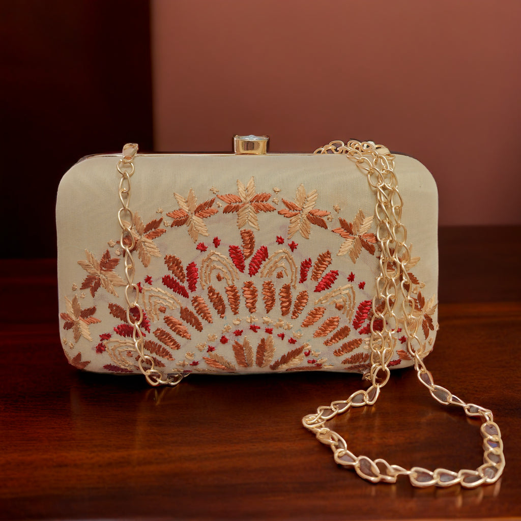 Pure Silk Hand Embroidered Phulkari Clutch - royal fawn + Artisanal + Punjab + Tradition + Women + MakeInIndia + Handicraft +  trend + festival wear + comfort wear + smart wear + trendy wear + indian ethnic + cultural wear + rakhi + diwali + friends wear + date wear + casual wear + indian wear + western wear + trendy attire + fashion + stylish + dinner + clutch + handbag + sling bag + classy + marriage essentials + bride wear + punjab + panjab + handwork + vibrant + signature + trendy + luxury + best
