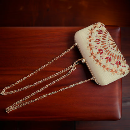 Pure Silk Hand Embroidered Phulkari Clutch - royal fawn + Artisanal + Punjab + Tradition + Women + MakeInIndia + Handicraft +  trend + festival wear + comfort wear + smart wear + trendy wear + indian ethnic + cultural wear + rakhi + diwali + friends wear + date wear + casual wear + indian wear + western wear + trendy attire + fashion + stylish + dinner + clutch + handbag + sling bag + classy + marriage essentials + bride wear + punjab + panjab + handwork + vibrant + signature + trendy + luxury + best