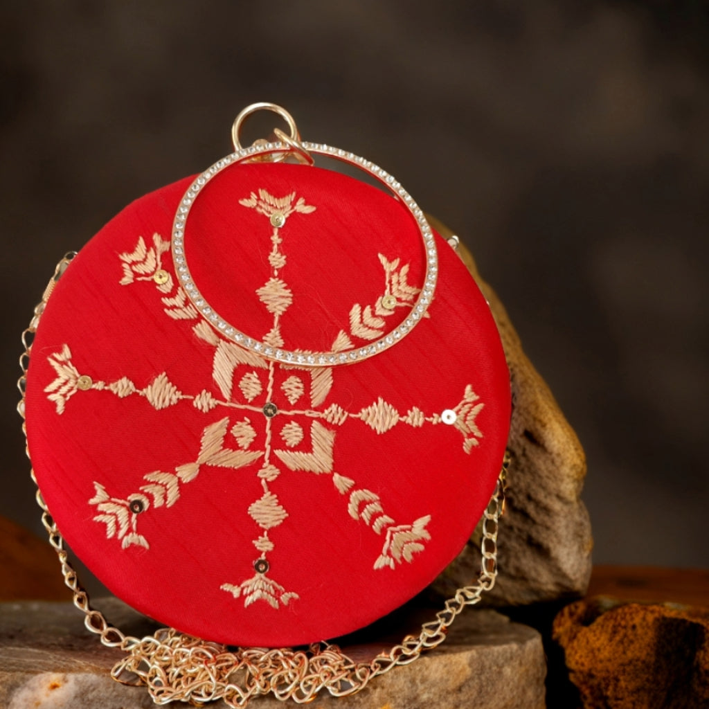 Hand Work Phulkari Clutch - Scarlet Red - Round