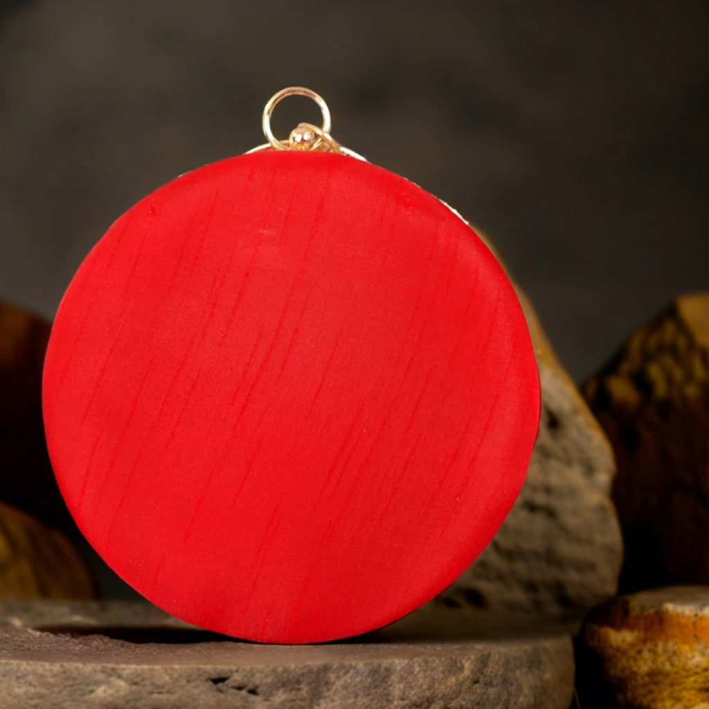Hand Work Phulkari Clutch - Scarlet Red - Round