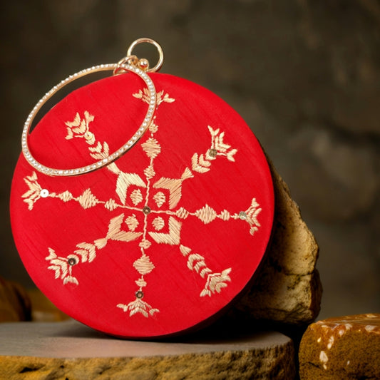 Hand Embroidered Phulkari Clutch - Scarlet Red - Round
