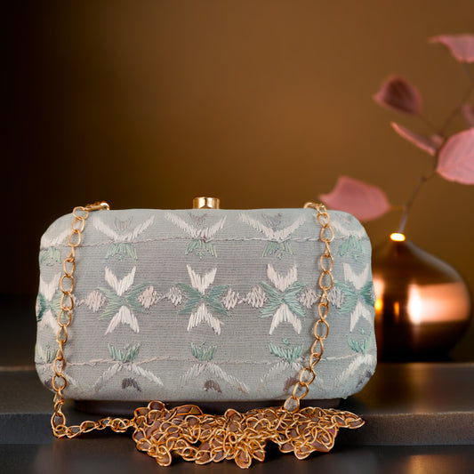 Pure Silk Hand Embroidered Phulkari Clutch - gracious silver + Artisanal + Punjab + Tradition + Women + MakeInIndia + Handicraft +  trend + festival wear + comfort wear + smart wear + trendy wear + indian ethnic + cultural wear + rakhi + diwali + ganesh cahturthi + friends wear + date wear + casual wear + indian wear + western wear + trendy attire + fashion + stylish + dinner + clutch + handbag + sling bag + classy + marriage essentials + bride wear + punjab + panjab + handwork + vibrant + signature