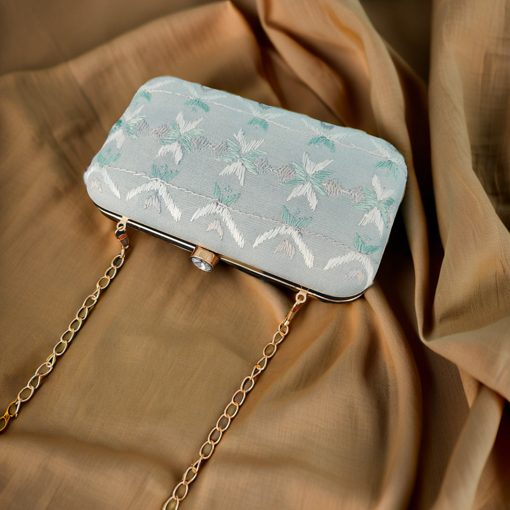Pure Silk Hand Embroidered Phulkari Clutch - gracious silver + Artisanal + Punjab + Tradition + Women + MakeInIndia + Handicraft +  trend + festival wear + comfort wear + smart wear + trendy wear + indian ethnic + cultural wear + rakhi + diwali + ganesh cahturthi + friends wear + date wear + casual wear + indian wear + western wear + trendy attire + fashion + stylish + dinner + clutch + handbag + sling bag + classy + marriage essentials + bride wear + punjab + panjab + handwork + vibrant + signature