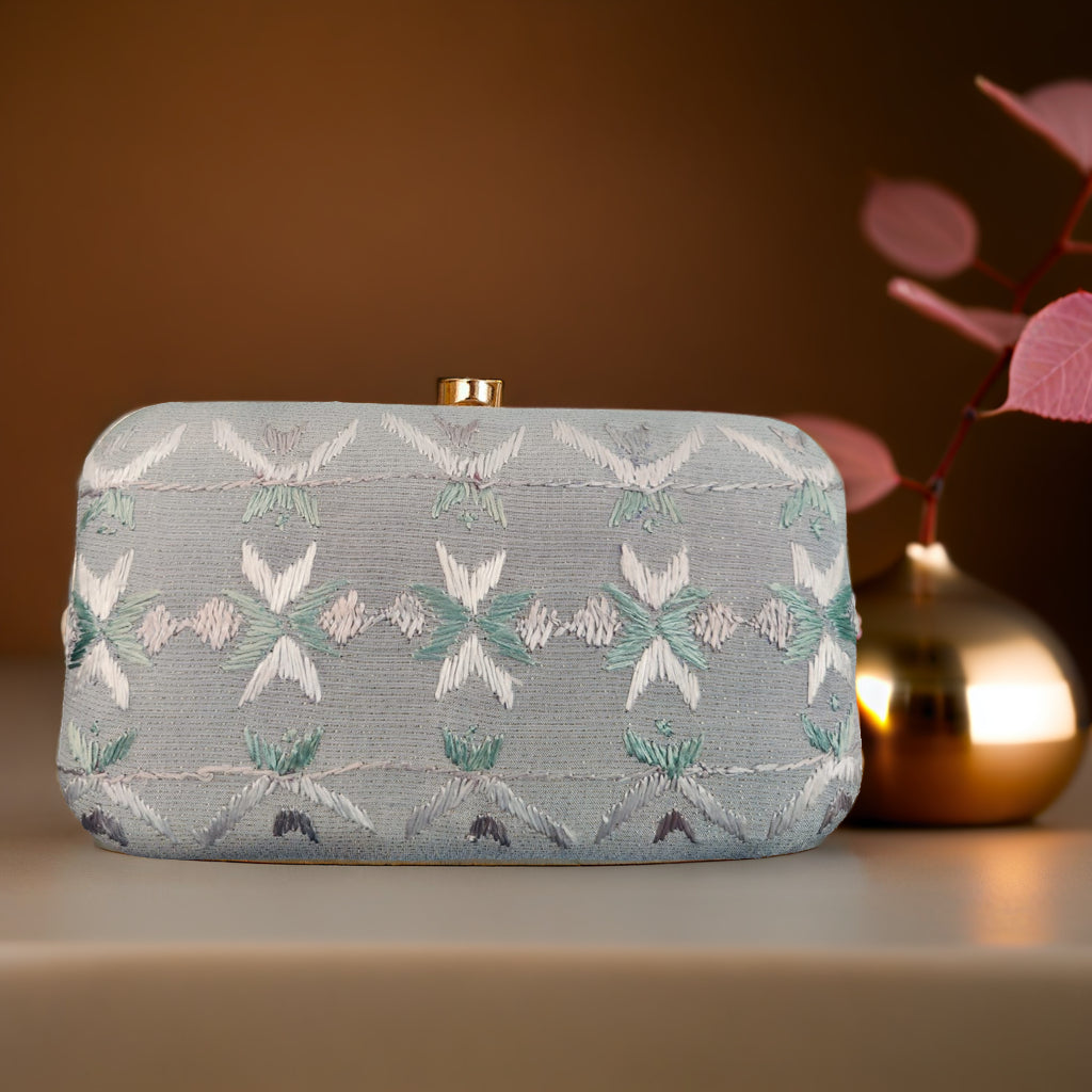 Pure Silk Hand Embroidered Phulkari Clutch - gracious silver + Artisanal + Punjab + Tradition + Women + MakeInIndia + Handicraft +  trend + festival wear + comfort wear + smart wear + trendy wear + indian ethnic + cultural wear + rakhi + diwali + ganesh cahturthi + friends wear + date wear + casual wear + indian wear + western wear + trendy attire + fashion + stylish + dinner + clutch + handbag + sling bag + classy + marriage essentials + bride wear + punjab + panjab + handwork + vibrant + signature