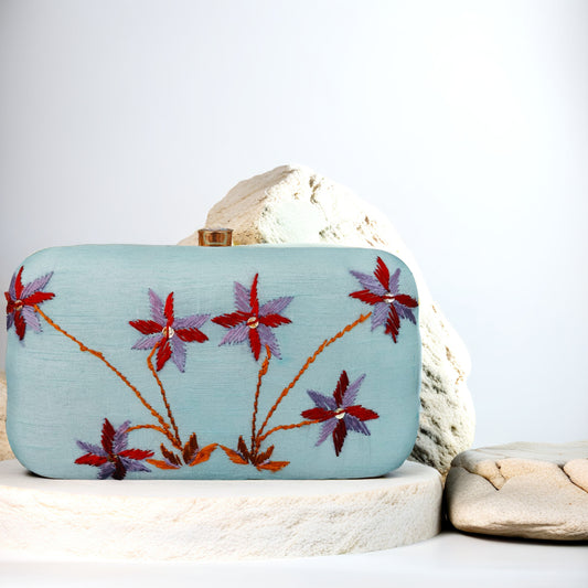 Pure Silk Hand Embroidered Phulkari Clutch - Sky Blue + Artisanal + Punjab + Tradition + Women + MakeInIndia + Handicraft + red brown Motif + trend + festival wear + comfort wear + smart wear + trendy wear + indian ethnic + cultural wear + rakhi + diwali + ganesh cahturthi + friends wear + date wear + casual wear + indian wear + western wear + trendy attire + fashion + stylish + dinner + clutch + handbag + sling bag + classy + marriage essentials + bride wear + floral + trendy