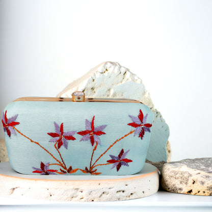 Pure Silk Hand Embroidered Phulkari Clutch - Sky Blue + Artisanal + Punjab + Tradition + Women + MakeInIndia + Handicraft + red brown Motif + trend + festival wear + comfort wear + smart wear + trendy wear + indian ethnic + cultural wear + rakhi + diwali + ganesh cahturthi + friends wear + date wear + casual wear + indian wear + western wear + trendy attire + fashion + stylish + dinner + clutch + handbag + sling bag + classy + marriage essentials + bride wear + floral + trendy