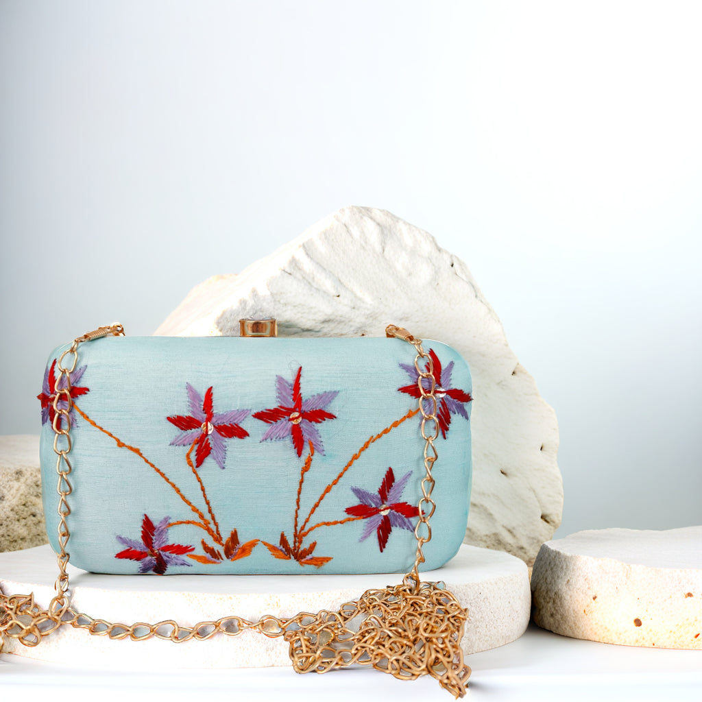Pure Silk Hand Embroidered Phulkari Clutch - Sky Blue + Artisanal + Punjab + Tradition + Women + MakeInIndia + Handicraft + red brown Motif + trend + festival wear + comfort wear + smart wear + trendy wear + indian ethnic + cultural wear + rakhi + diwali + ganesh cahturthi + friends wear + date wear + casual wear + indian wear + western wear + trendy attire + fashion + stylish + dinner + clutch + handbag + sling bag + classy + marriage essentials + bride wear + floral + trendy