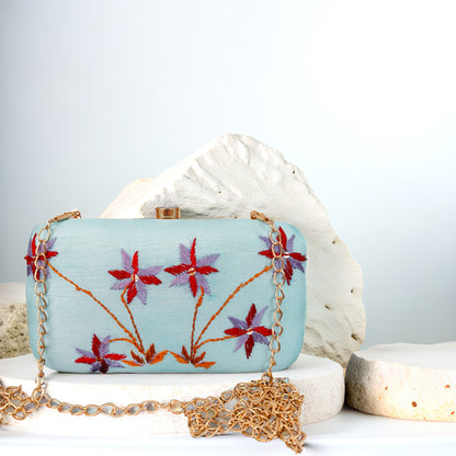 Pure Silk Hand Embroidered Phulkari Clutch - Sky Blue + Artisanal + Punjab + Tradition + Women + MakeInIndia + Handicraft + red brown Motif + trend + festival wear + comfort wear + smart wear + trendy wear + indian ethnic + cultural wear + rakhi + diwali + ganesh cahturthi + friends wear + date wear + casual wear + indian wear + western wear + trendy attire + fashion + stylish + dinner + clutch + handbag + sling bag + classy + marriage essentials + bride wear + floral + trendy