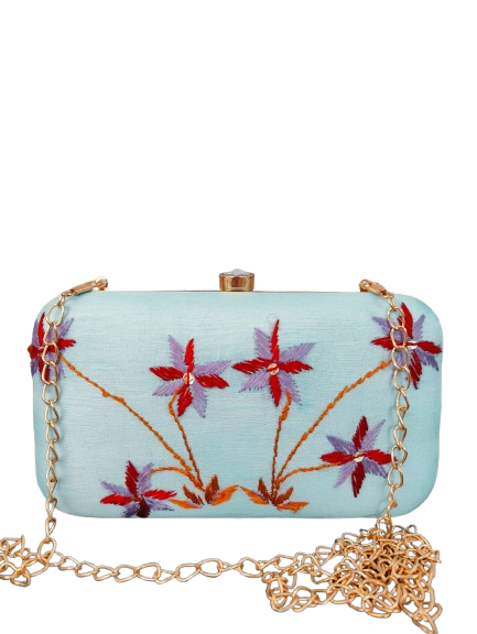Pure Silk Hand Embroidered Phulkari Clutch - Sky Blue + Artisanal + Punjab + Tradition + Women + MakeInIndia + Handicraft + red brown Motif + trend + festival wear + comfort wear + smart wear + trendy wear + indian ethnic + cultural wear + rakhi + diwali + ganesh cahturthi + friends wear + date wear + casual wear + indian wear + western wear + trendy attire + fashion + stylish + dinner + clutch + handbag + sling bag + classy + marriage essentials + bride wear + floral + trendy