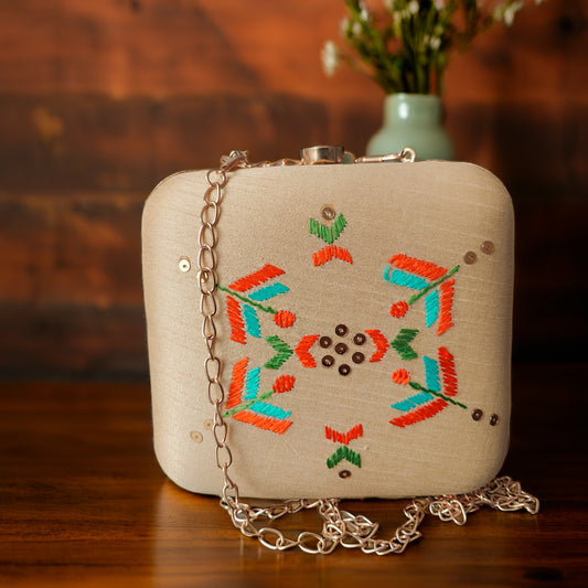Pure Silk Hand Embroidered Phulkari Clutch - radiant gold beige+ Artisanal + Punjab + Tradition + Women + MakeInIndia + Handicraft +  trend + festival wear + comfort wear + smart wear + trendy wear + indian ethnic + cultural wear + rakhi + diwali + friends wear + date wear + casual wear + indian wear + western wear + trendy attire + fashion + stylish + dinner + clutch + handbag + sling bag + classy + marriage essentials + bride wear + punjab + panjab + handwork + vibrant + signature + trendy + luxury + best