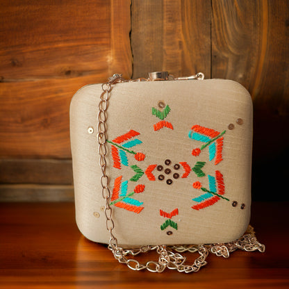 Pure Silk Hand Embroidered Phulkari Clutch - radiant gold beige+ Artisanal + Punjab + Tradition + Women + MakeInIndia + Handicraft +  trend + festival wear + comfort wear + smart wear + trendy wear + indian ethnic + cultural wear + rakhi + diwali + friends wear + date wear + casual wear + indian wear + western wear + trendy attire + fashion + stylish + dinner + clutch + handbag + sling bag + classy + marriage essentials + bride wear + punjab + panjab + handwork + vibrant + signature + trendy + luxury + best