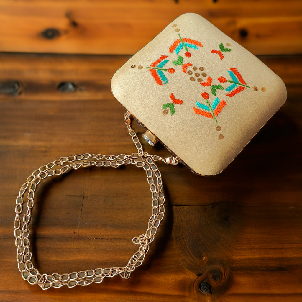 Pure Silk Hand Embroidered Phulkari Clutch - radiant gold beige+ Artisanal + Punjab + Tradition + Women + MakeInIndia + Handicraft +  trend + festival wear + comfort wear + smart wear + trendy wear + indian ethnic + cultural wear + rakhi + diwali + friends wear + date wear + casual wear + indian wear + western wear + trendy attire + fashion + stylish + dinner + clutch + handbag + sling bag + classy + marriage essentials + bride wear + punjab + panjab + handwork + vibrant + signature + trendy + luxury + best