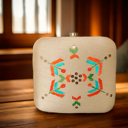 Pure Silk Hand Embroidered Phulkari Clutch - radiant gold beige+ Artisanal + Punjab + Tradition + Women + MakeInIndia + Handicraft +  trend + festival wear + comfort wear + smart wear + trendy wear + indian ethnic + cultural wear + rakhi + diwali + friends wear + date wear + casual wear + indian wear + western wear + trendy attire + fashion + stylish + dinner + clutch + handbag + sling bag + classy + marriage essentials + bride wear + punjab + panjab + handwork + vibrant + signature + trendy + luxury + best