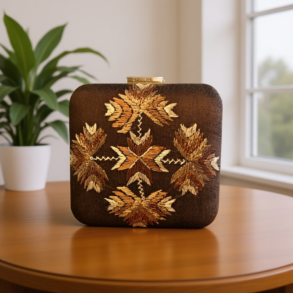 Hand Work Phulkari Clutch - Brown Beauty - Square