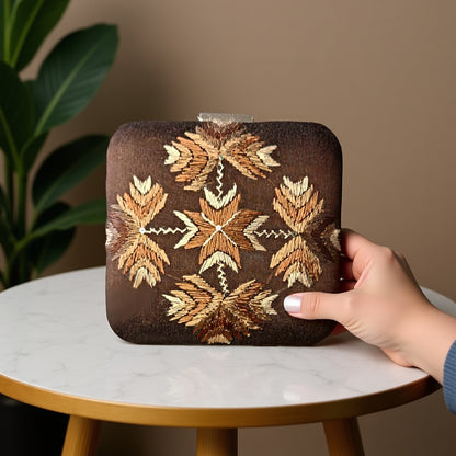 Hand Work Phulkari Clutch - Brown Beauty - Square