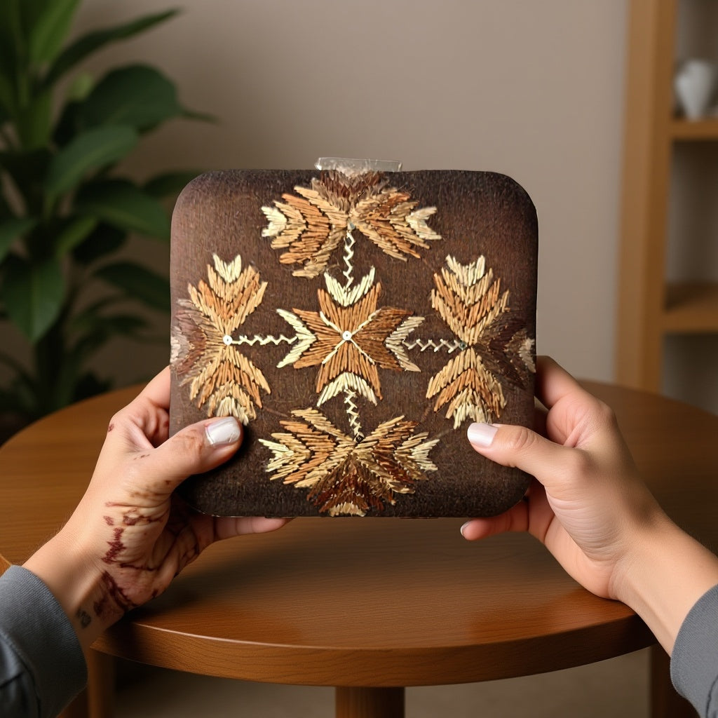 Hand Work Phulkari Clutch - Brown Beauty - Square