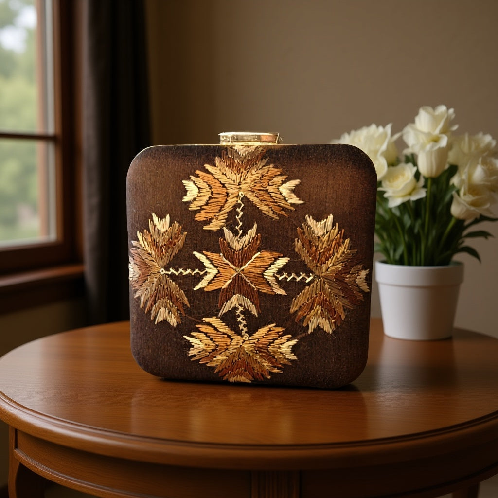 Hand Work Phulkari Clutch - Brown Beauty - Square