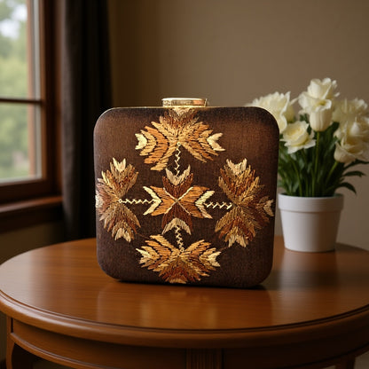 Hand Work Phulkari Clutch - Brown Beauty - Square