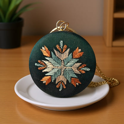 Hand Work Phulkari Clutch - Emerald Green - Round