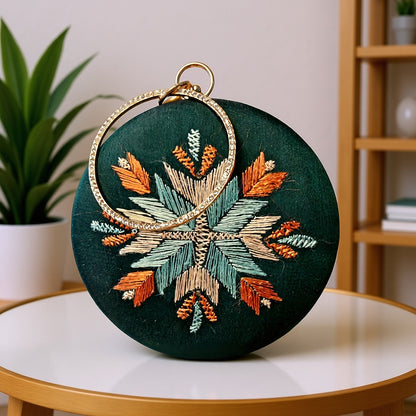 Hand Work Phulkari Clutch - Emerald Green - Round