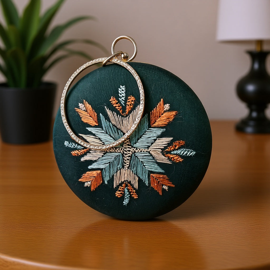 Hand Work Phulkari Clutch - Emerald Green - Round