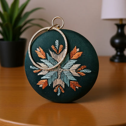 Hand Work Phulkari Clutch - Emerald Green - Round
