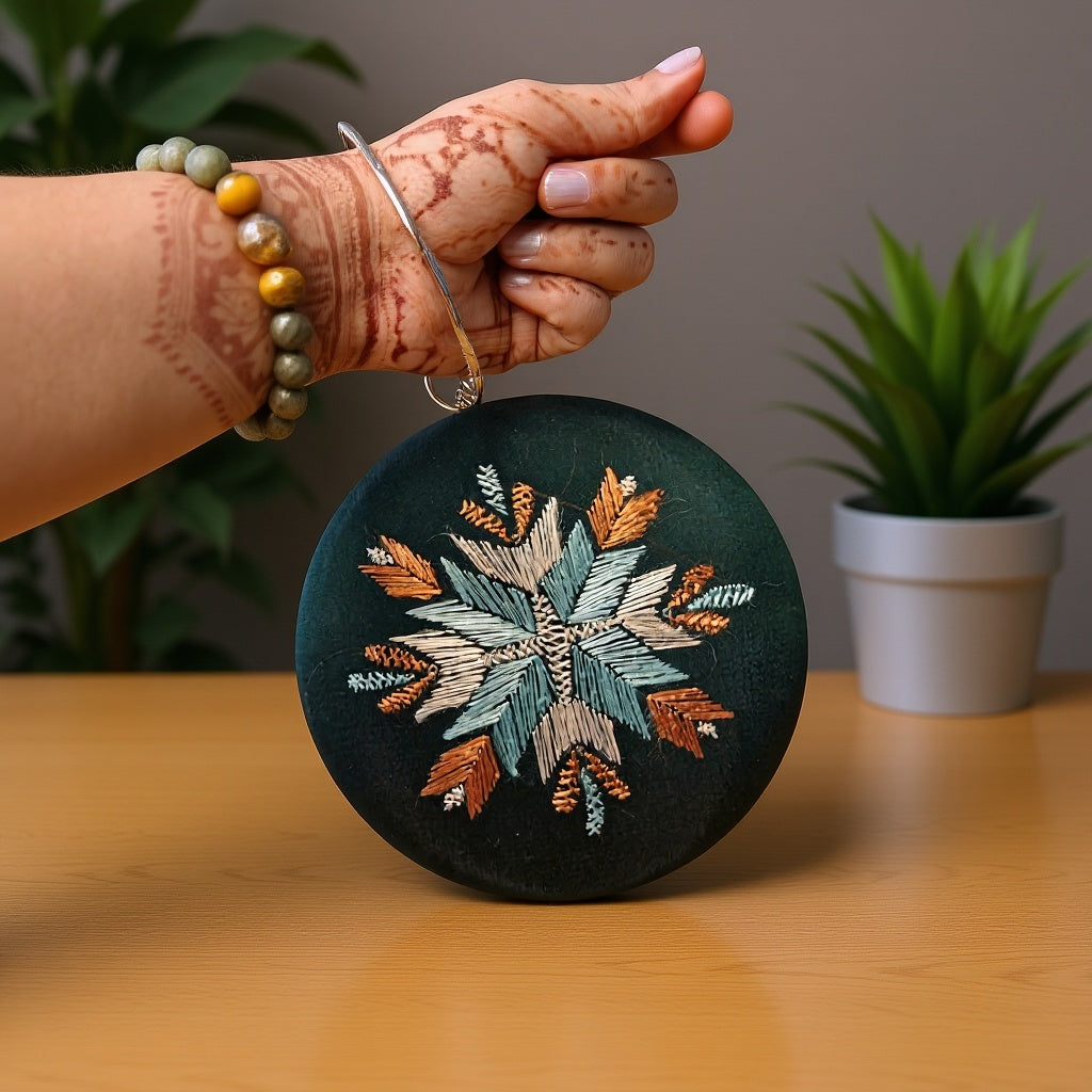 Hand Work Phulkari Clutch - Emerald Green - Round