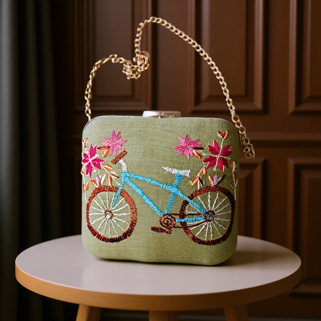 Hand Work Phulkari Clutch - Phool Gaadi - Pastel Green - Square