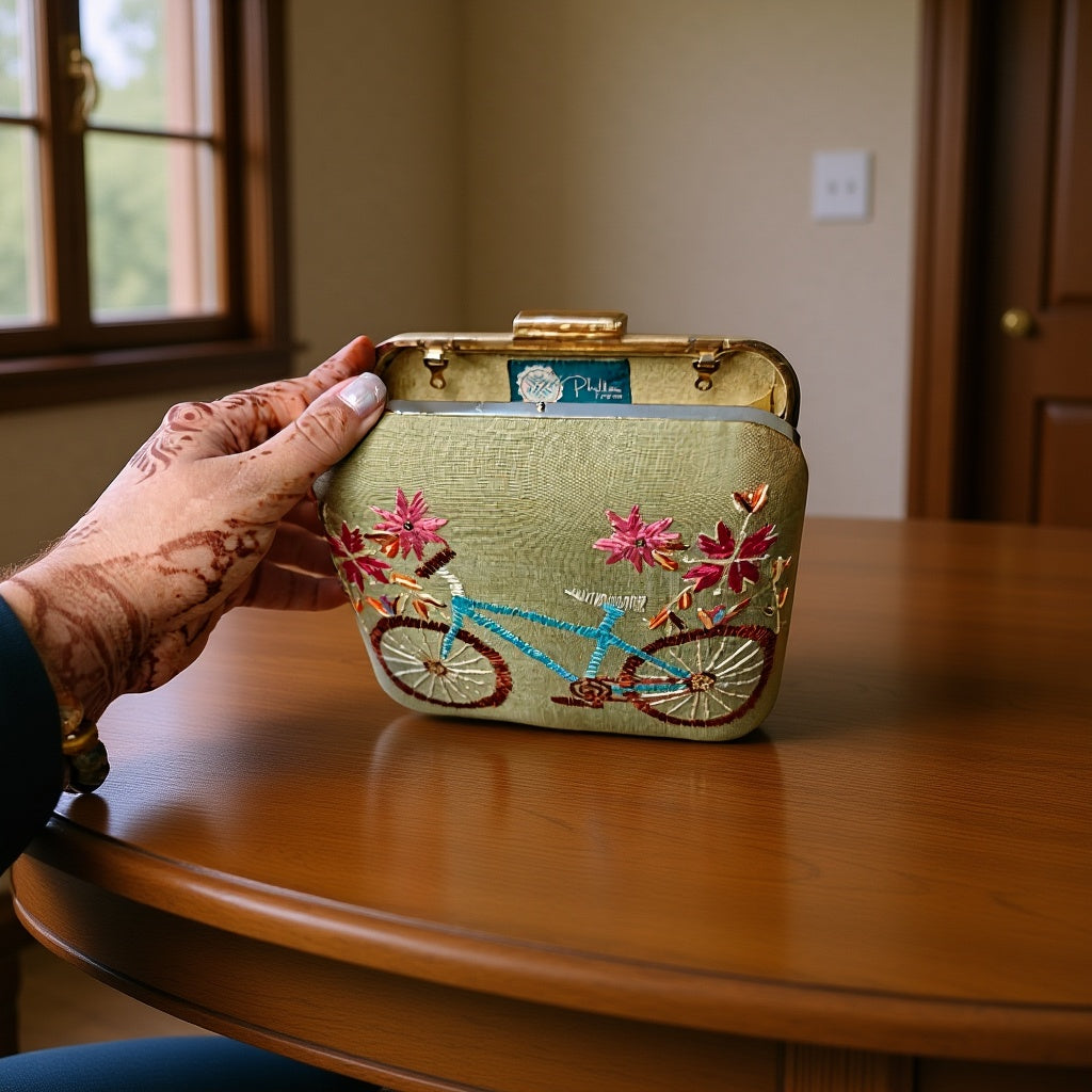 Hand Work Phulkari Clutch - Phool Gaadi - Pastel Green - Square