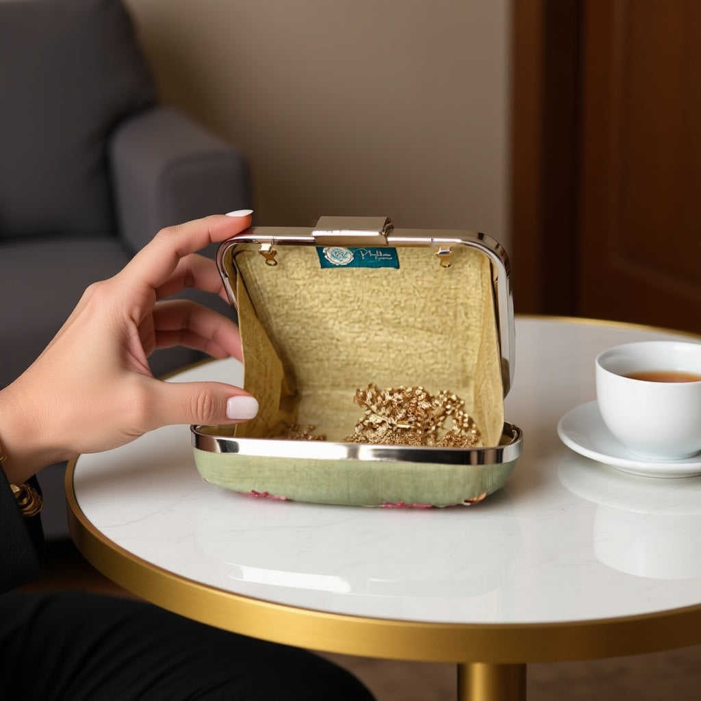 Hand Work Phulkari Clutch - Phool Gaadi - Pastel Green - Square