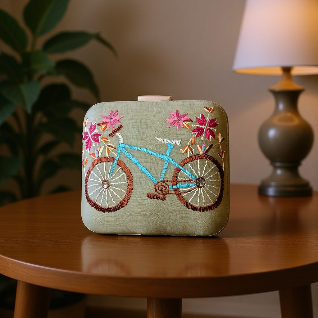 Hand Work Phulkari Clutch - Phool Gaadi - Pastel Green - Square