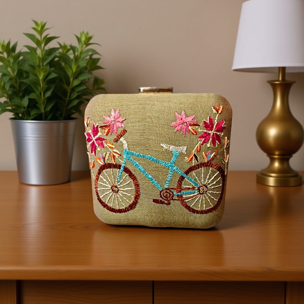 Hand Work Phulkari Clutch - Phool Gaadi - Pastel Green - Square