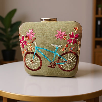 Hand Work Phulkari Clutch - Phool Gaadi - Pastel Green - Square