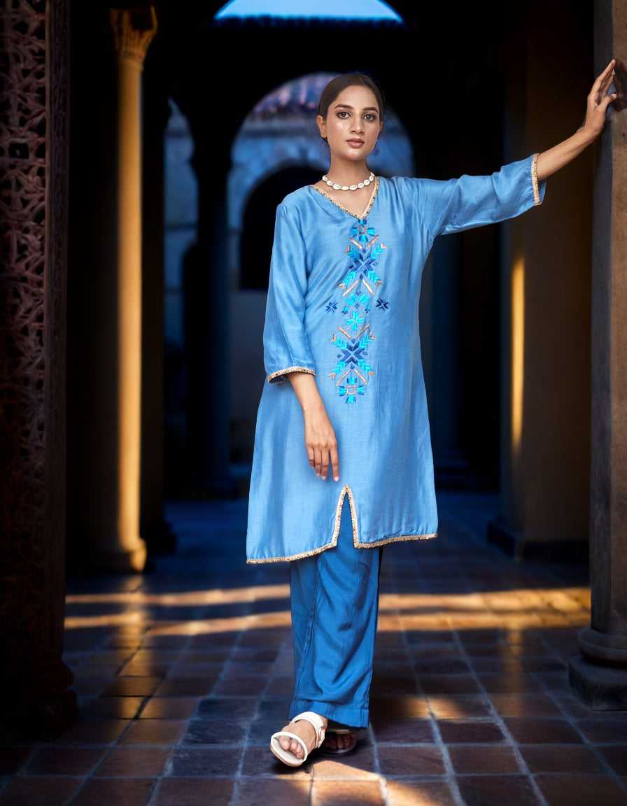 Pure Muslin Hand Embroidered Phulkari Kurta - Baby Blue