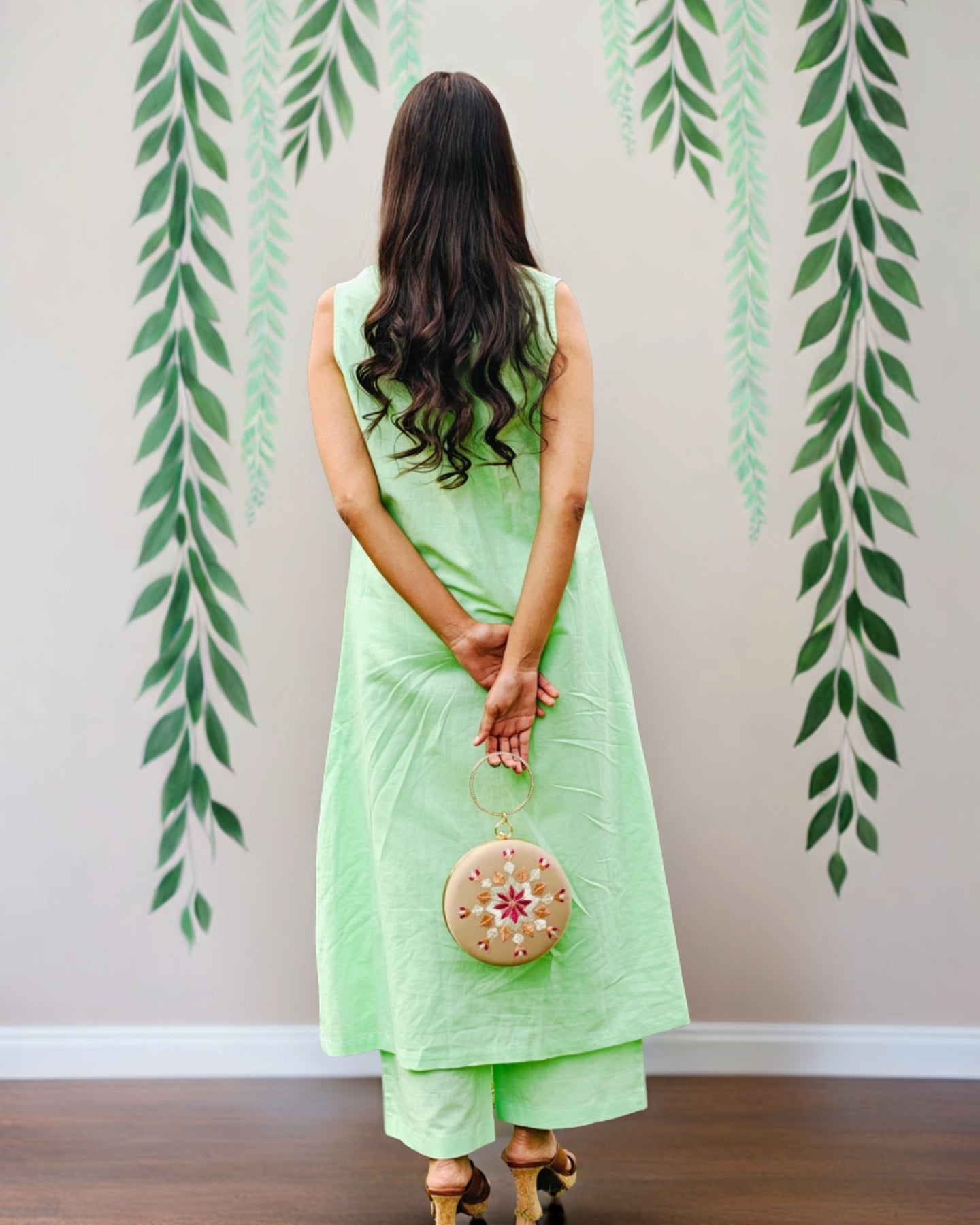 Pure Linen Hand Work Phulkari Kurti Pant Set - Pista Noor Green