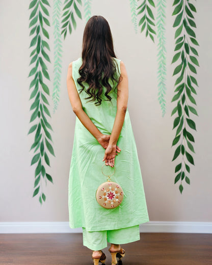 Pure Linen Hand Work Phulkari Kurti Pant Set - Pista Noor Green