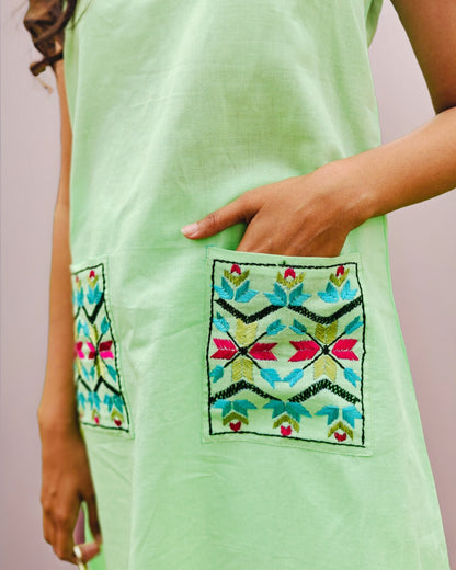 Pure Linen Hand Work Phulkari Kurti Pant Set - Pista Noor Green