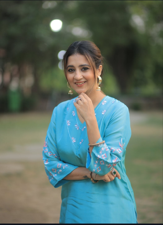 Pure Tissue Hand Embroidered Phulkari Kurti - Azure Blue