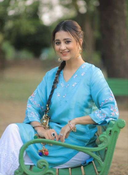 Pure Tissue Hand Work Phulkari Kurti - Azure Blue