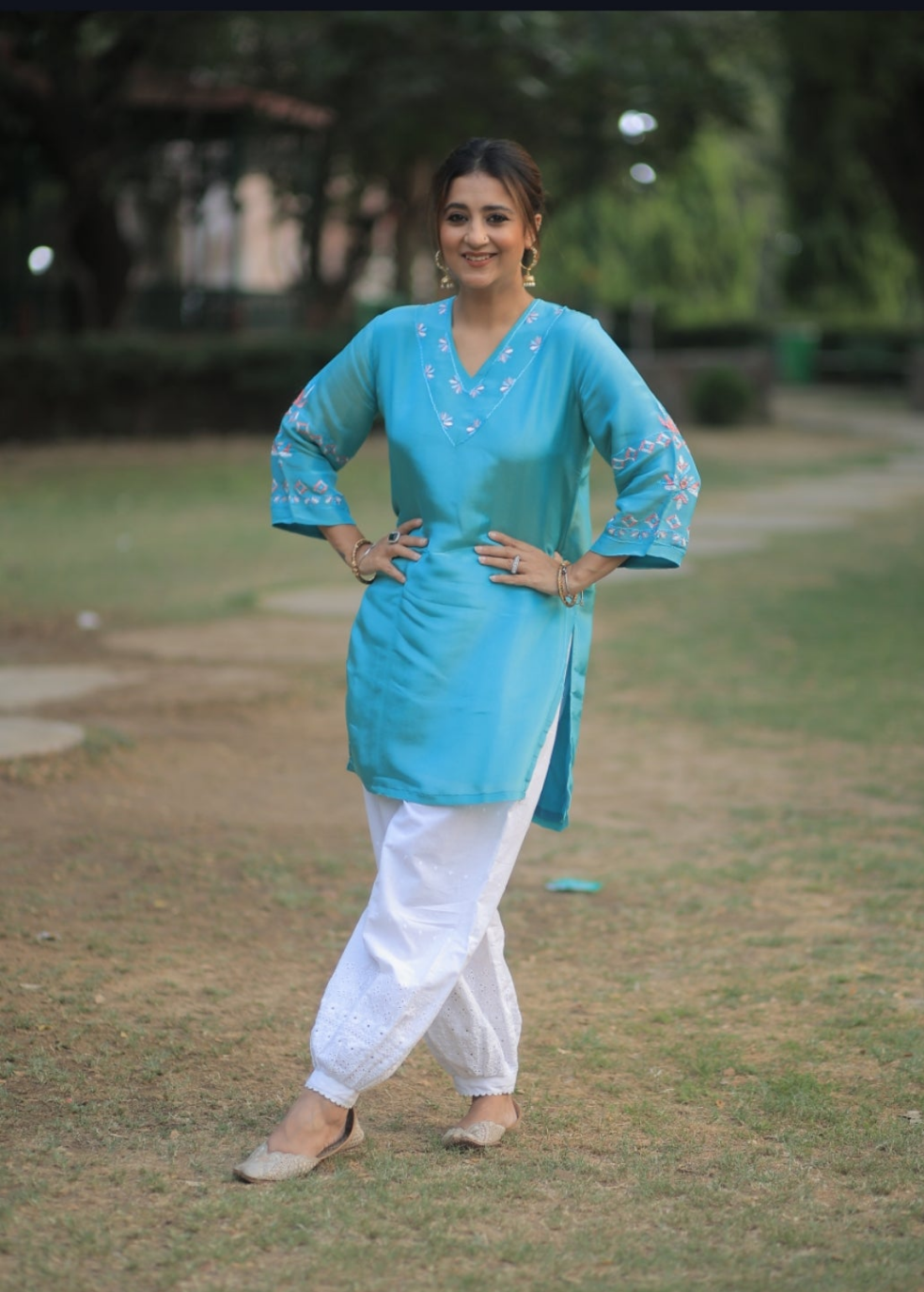 Pure Tissue Hand Work Phulkari Kurti - Azure Blue