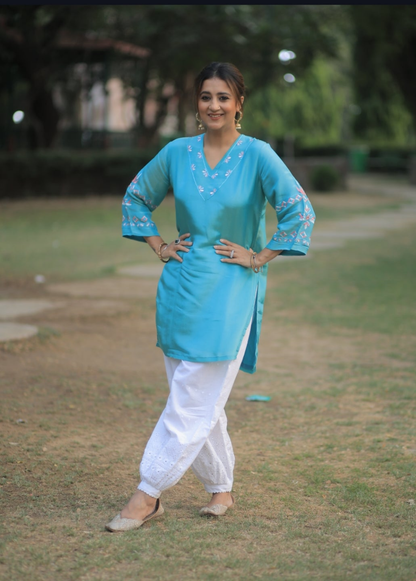 Pure Tissue Hand Work Phulkari Kurti - Azure Blue